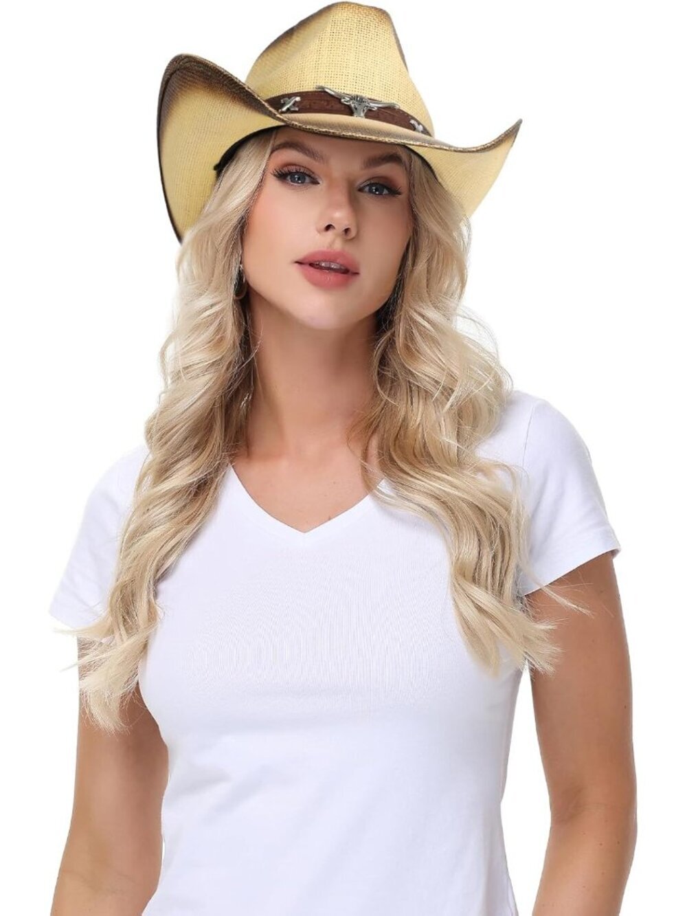 Women Biege Coffee Cowgirl Western Straw Wide with Shapeable Brim Cowboy Hat - Picture 6 of 6